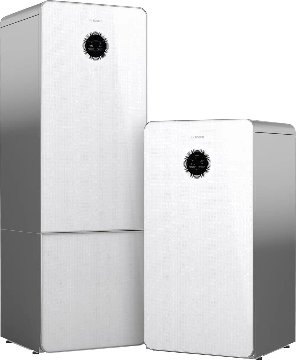 Weißes Heizgerät von Bosch, bestehend aus zwei vertikalen Einheiten, mit digitalem Steuerdisplay in der Vorderseite.